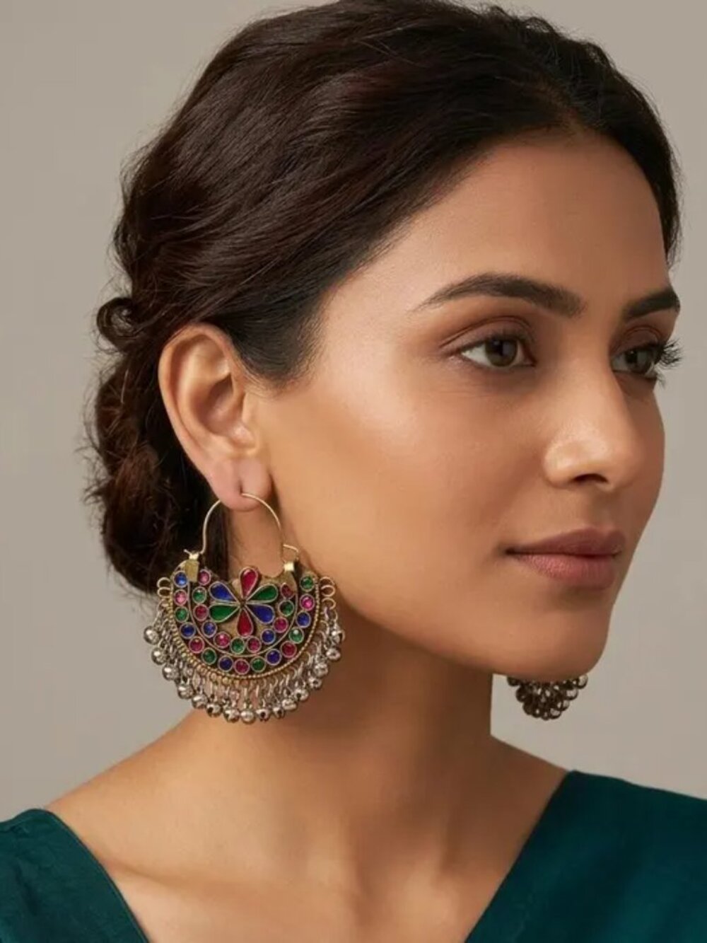 Vintage Afghan Tribal Earrings with Bells, Hoop Earrings, Multicolor Kuchi